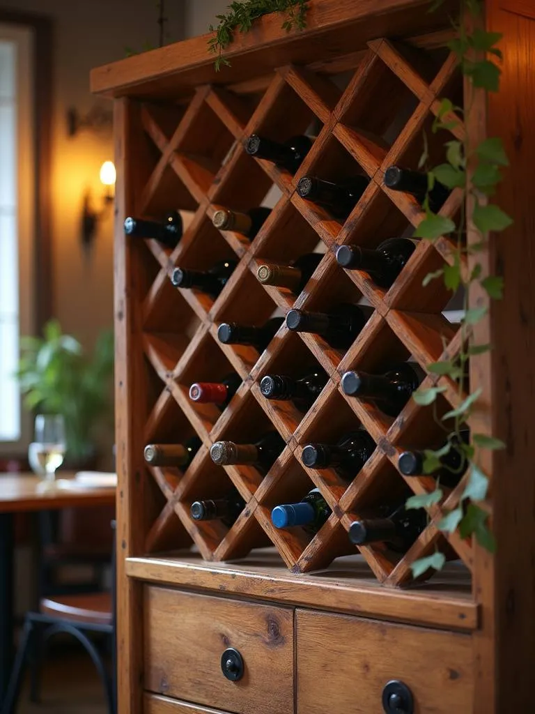 A wooden wine rack adds functional storage and aesthetic to a dining room.