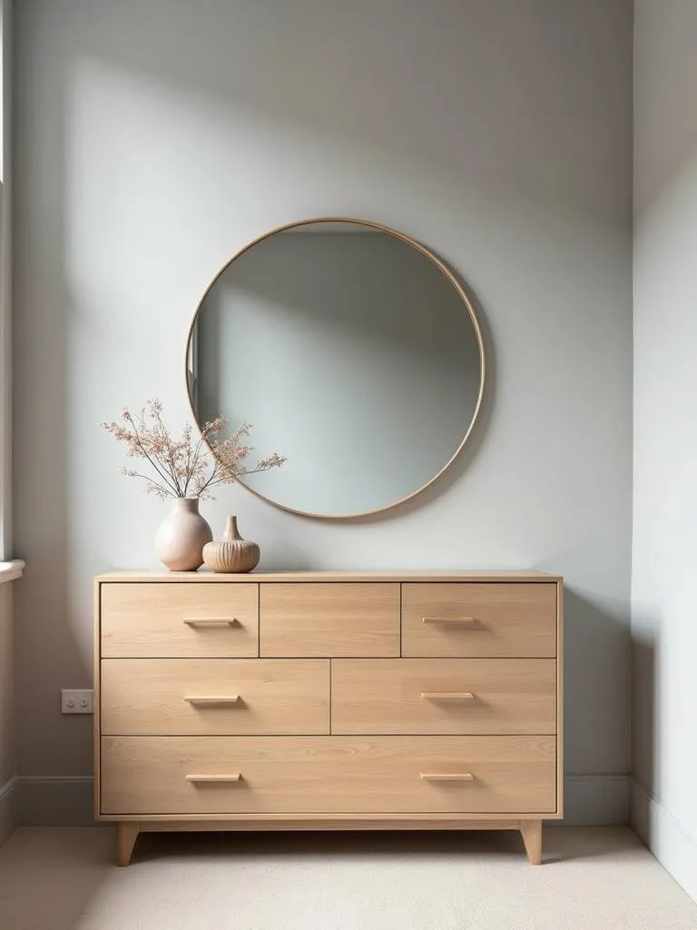 Modern bedroom corner featuring a minimalist light oak wood dresser with clean lines.