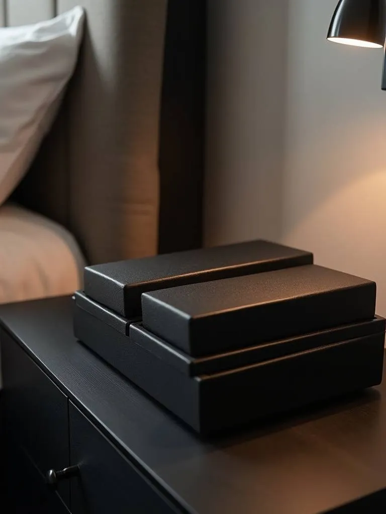 Stylish storage solution featuring black decorative boxes of various textures on a minimalist black nightstand, illuminated by soft bedside lamp light.