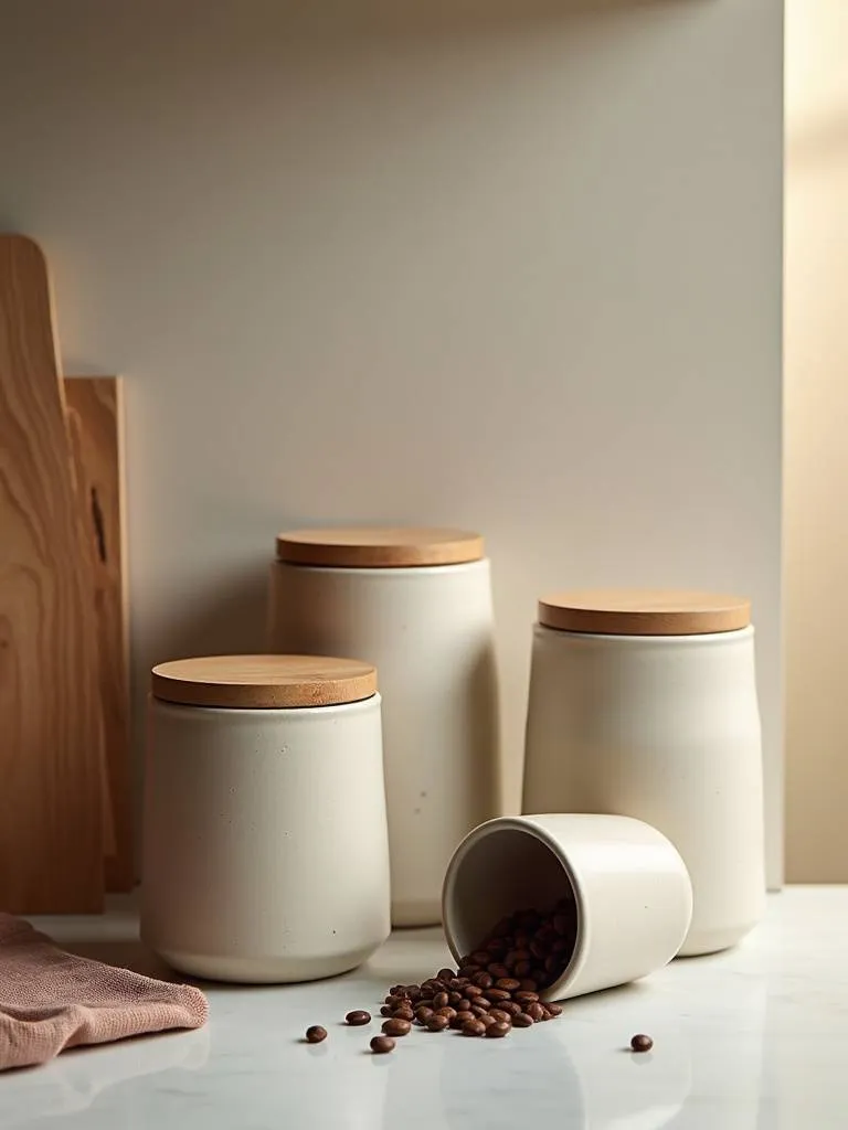 Stylish ceramic countertop canisters in a kitchen, storing pantry staples like coffee.