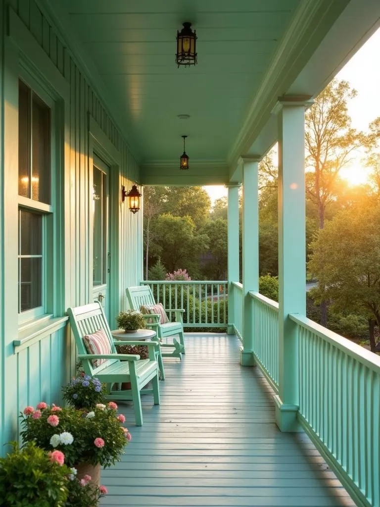 Calm subtle mint green porch with pastel furniture