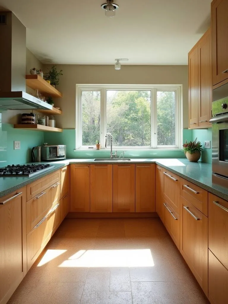 Contemporary kitchen with sustainable bamboo cabinets, recycled glass countertops, and cork flooring