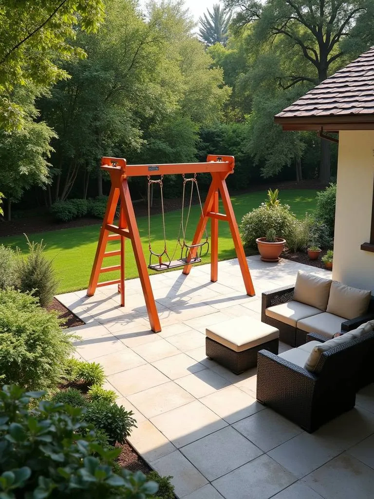 A backyard patio featuring a children’s swing set with soft surface underneath.