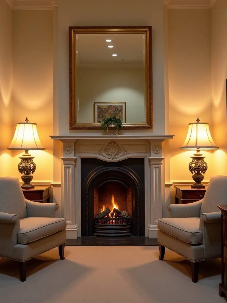 “Formal and elegant living room featuring a symmetrical fireplace layout with matching armchairs, side tables, and lamps, creating a balanced and sophisticated atmosphere.”