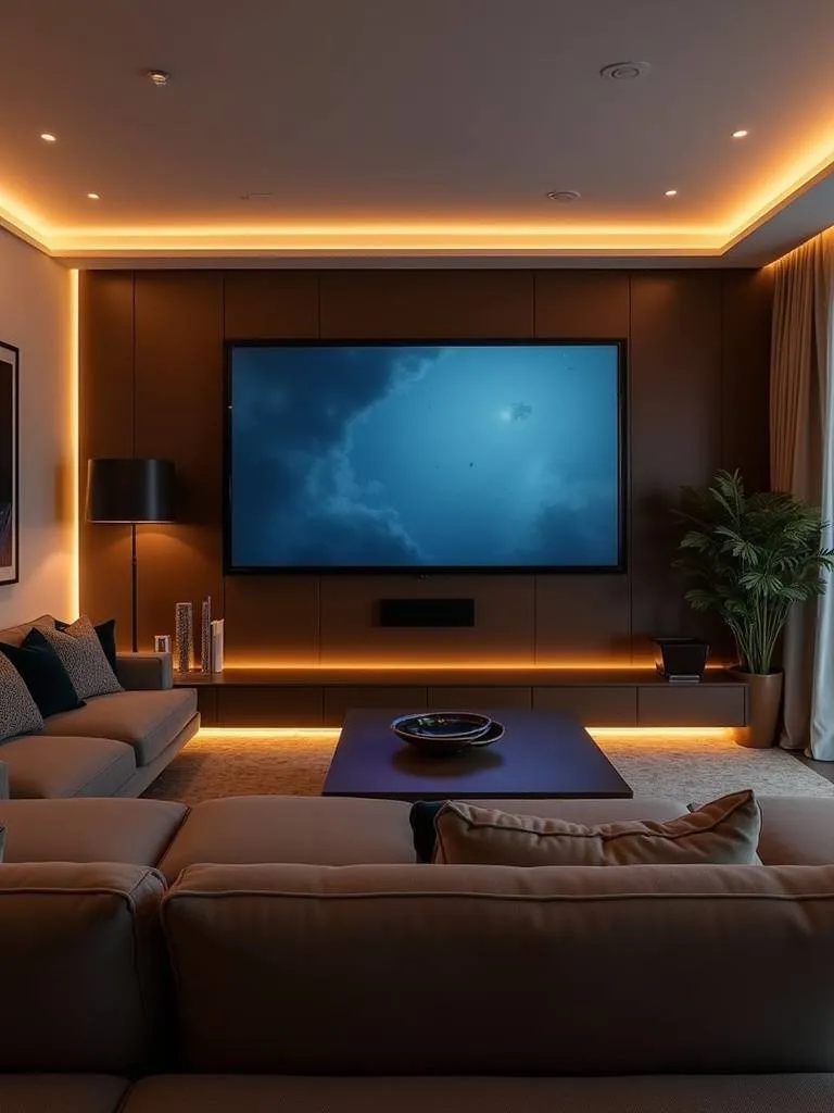 “Modern entertainment-focused living room featuring a large TV, comfortable sectional sofa, coffee table, and dimmable lighting, designed for optimal movie nights and TV viewing.”