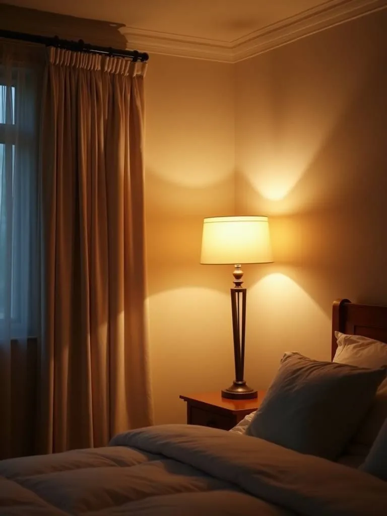 A cozy bedroom scene with a tall floor lamp in the corner casting soft uplighting, creating a warm and inviting ambiance throughout the room