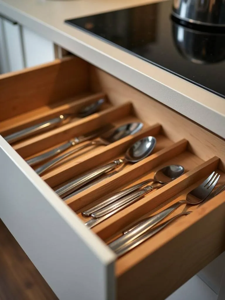 Apartment kitchen utensil drawer organized with wooden drawer dividers.