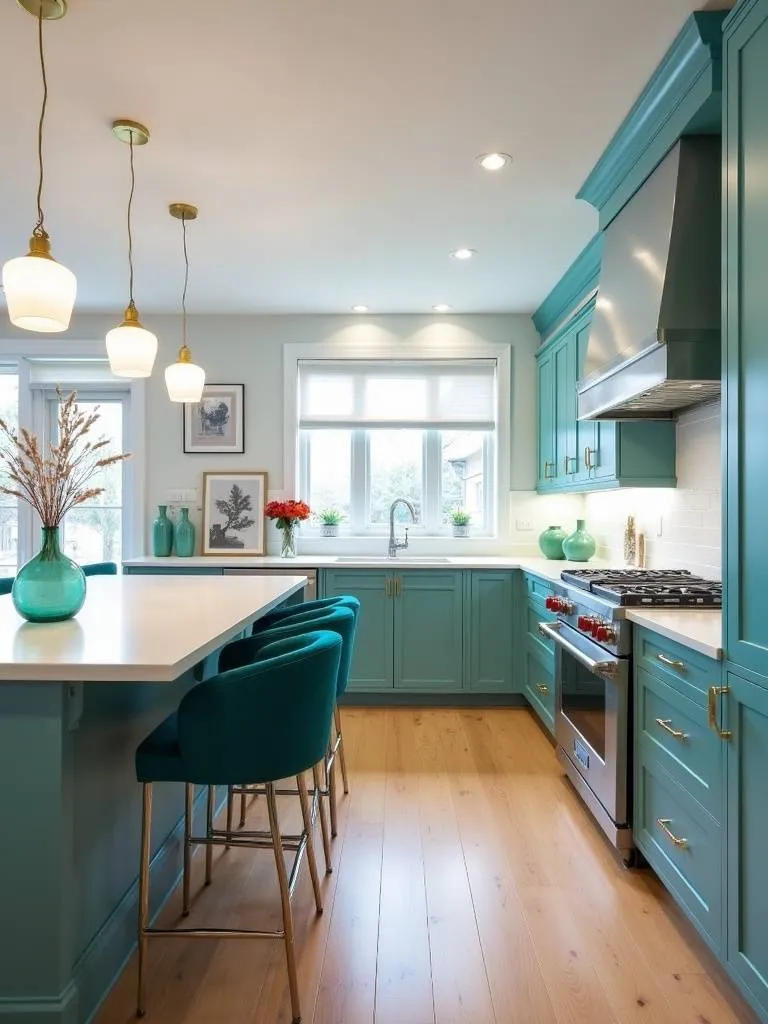 A modern kitchen with teal barstools and other accents.