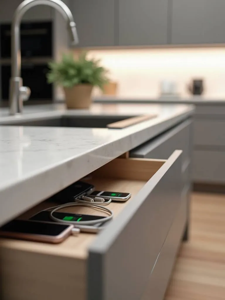 Contemporary kitchen island with a hidden charging drawer open, showing charging cables
