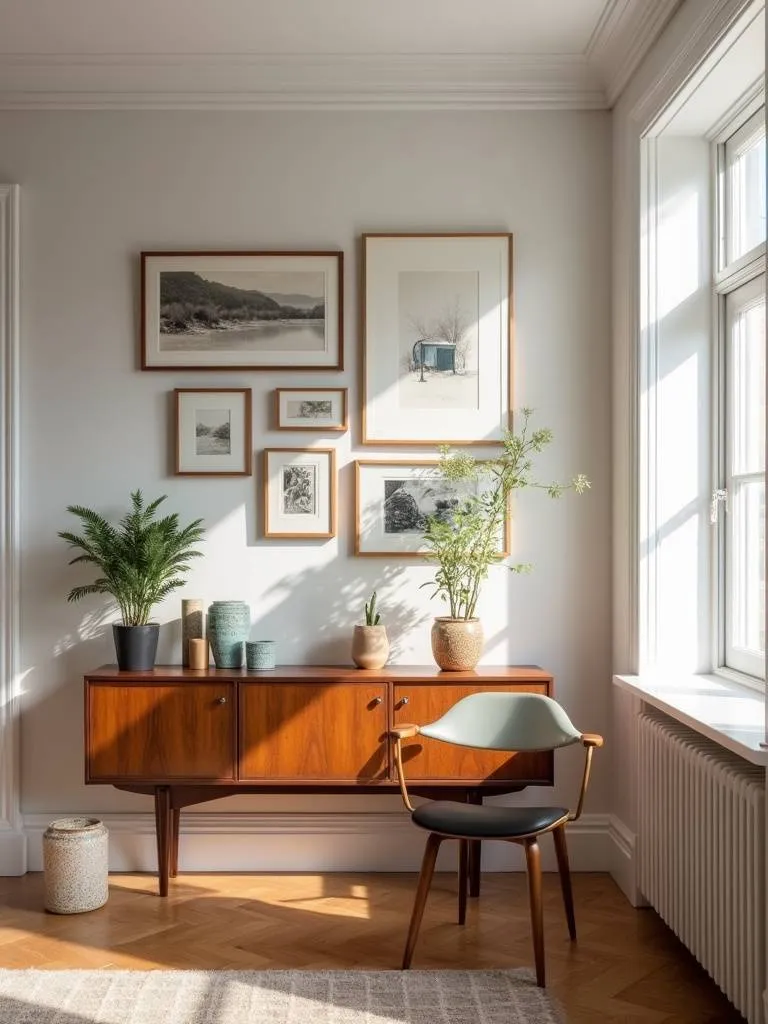 A curated gallery wall in a dining room creates an engaging and visually appealing focal point.