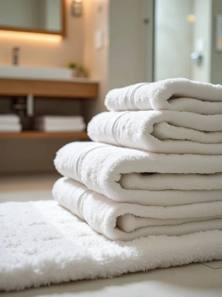 Bathroom vanity area with stacks of fluffy white towels and a plush white bath mat