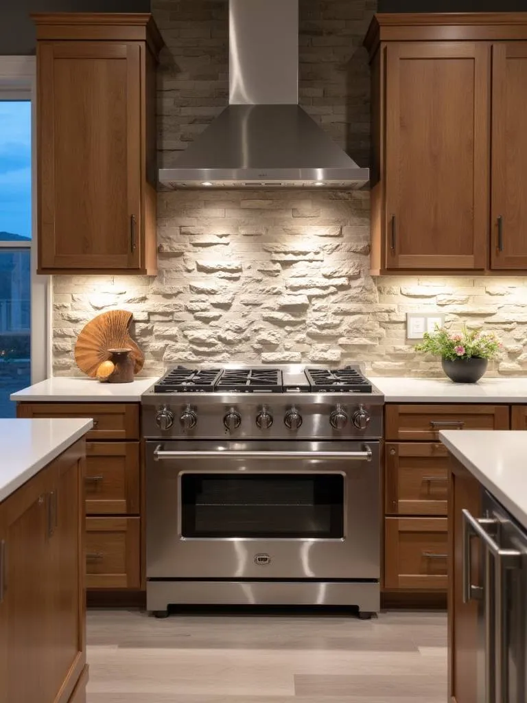 Contemporary kitchen showcasing a mix of textures including stainless steel, stone, and wood