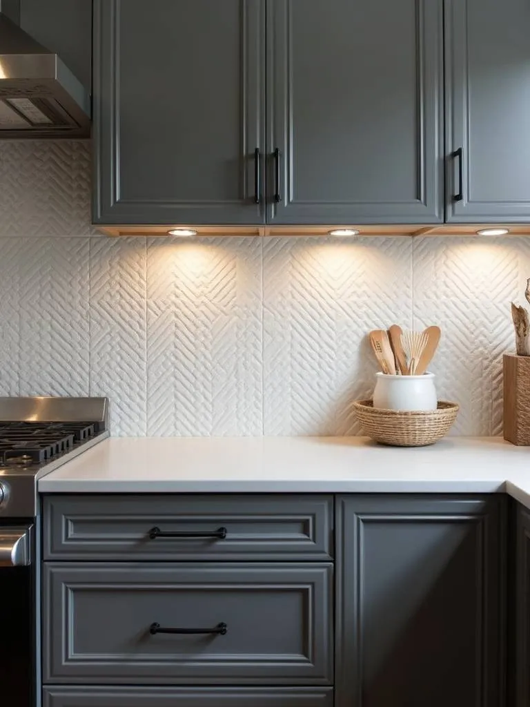 Contemporary kitchen featuring a white geometric 3D textured ceramic tile backsplash and dark grey cabinets
