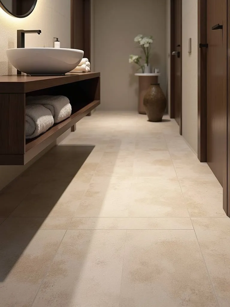 Sophisticated bathroom with textured stone-look tile floor, floating vanity, and soft lighting.