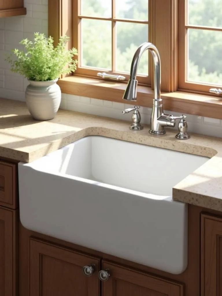 A classic white apron-front farmhouse sink nestled in warm wooden cabinetry, with natural sunlight emphasizing its deep basin and traditional design.