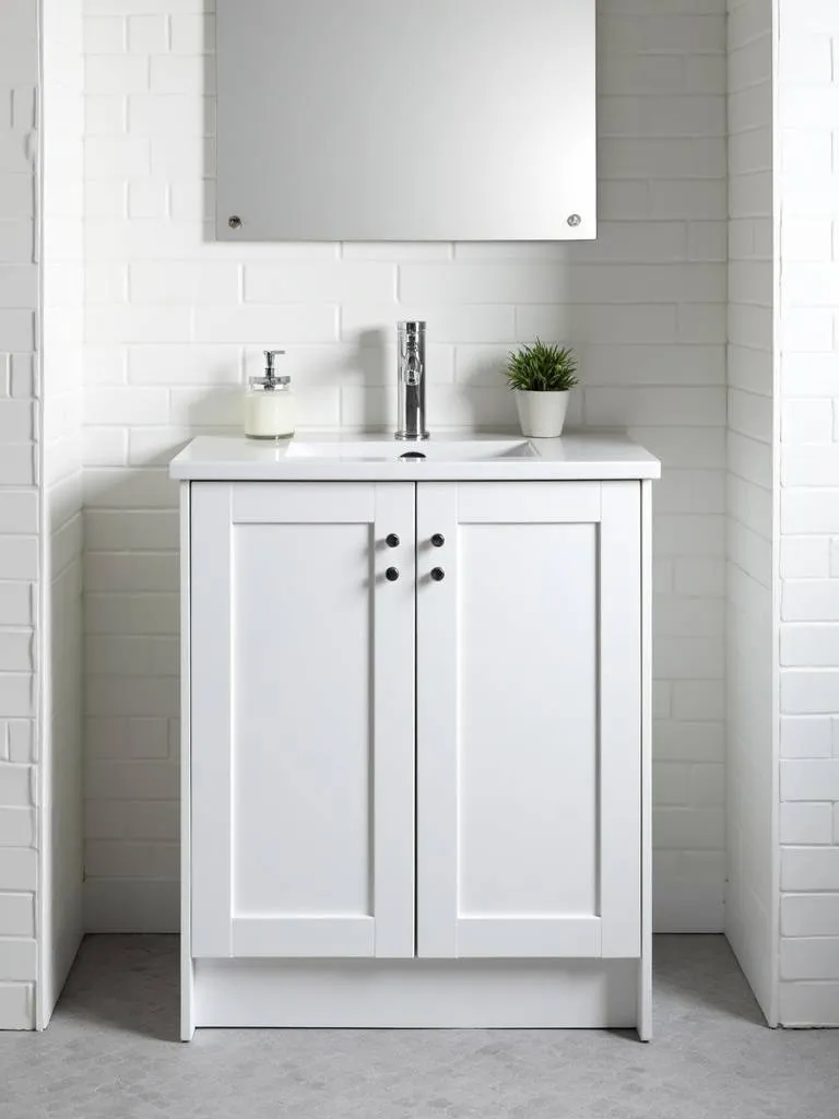 “A white all-in-one vanity set with a countertop, sink, and faucet in a contemporary bathroom.”