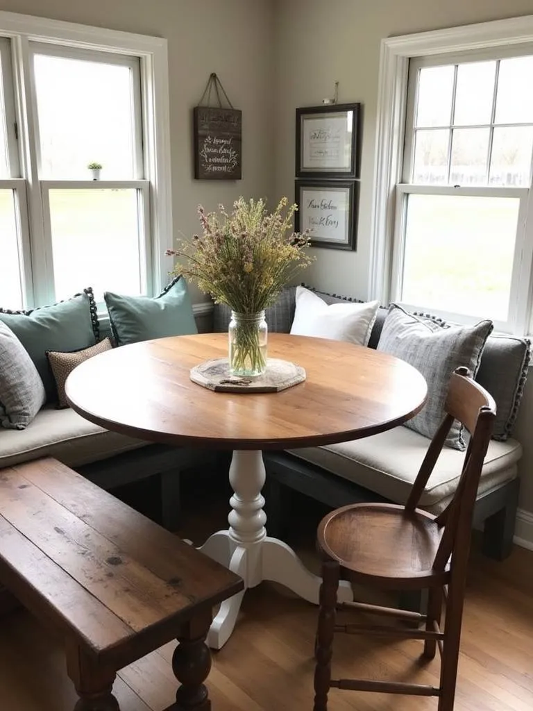 Charming round farmhouse table with mixed seating arrangements, showcasing casual elegance with simple floral centerpiece.