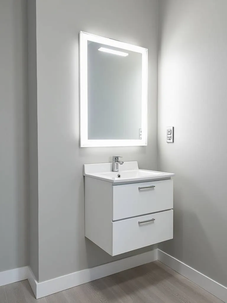 A white modern vanity with built-in LED lighting and integrated outlets in a small bathroom