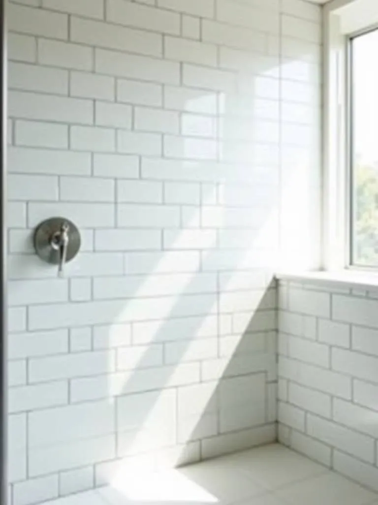 Modern bathroom shower with white subway tiles laid vertically, creating a sleek and contemporary look.