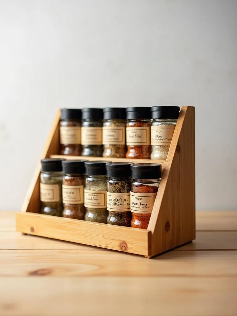 Tiered spice rack displaying a variety of spices with visible labels for easy selection.