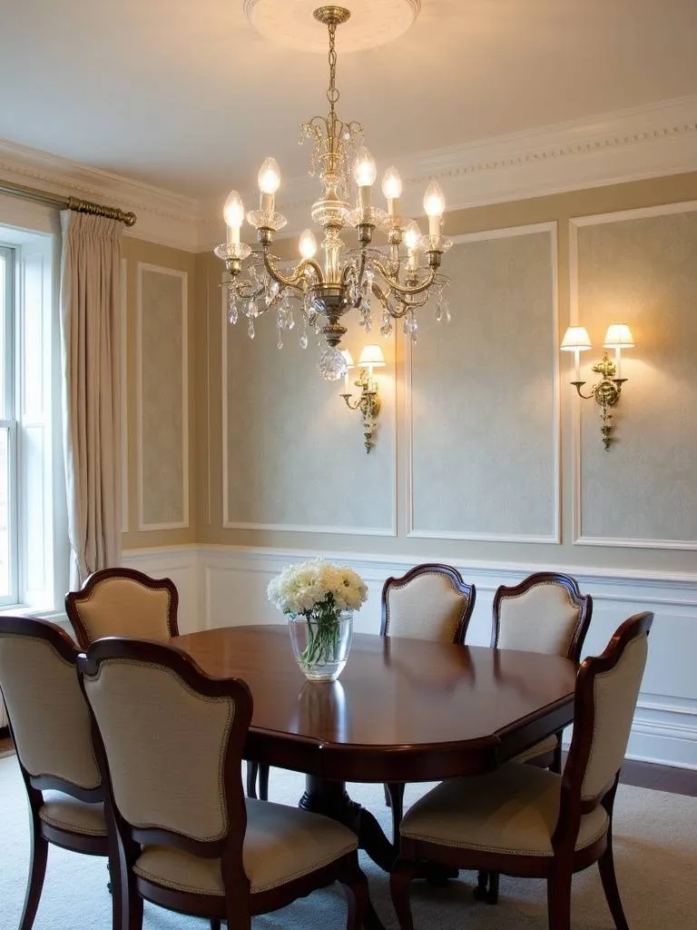 Elegant dining room with a classic candle-style chandelier in polished nickel