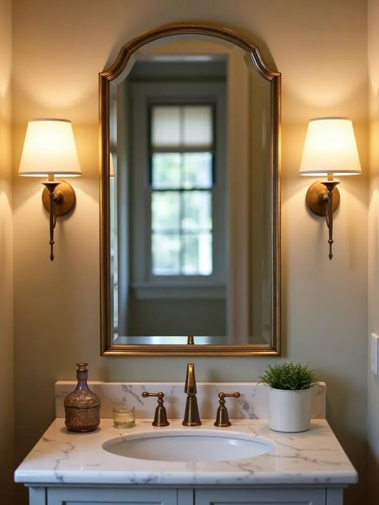 A traditional bathroom featuring two antique brass sconces with frosted glass shades flanking a beveled mirror above a marble vanity. The sconces emit a warm and elegant light, illuminating the marble countertop.