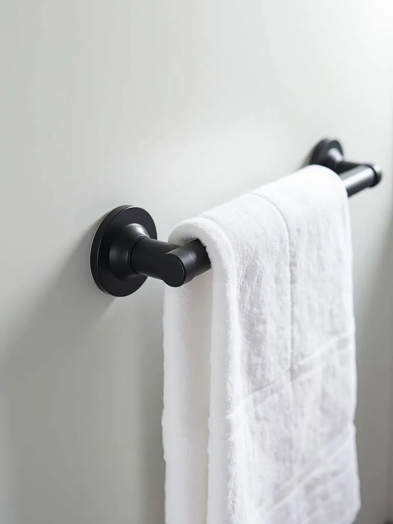 Close-up of a matte black towel bar with a folded white towel in a bathroom