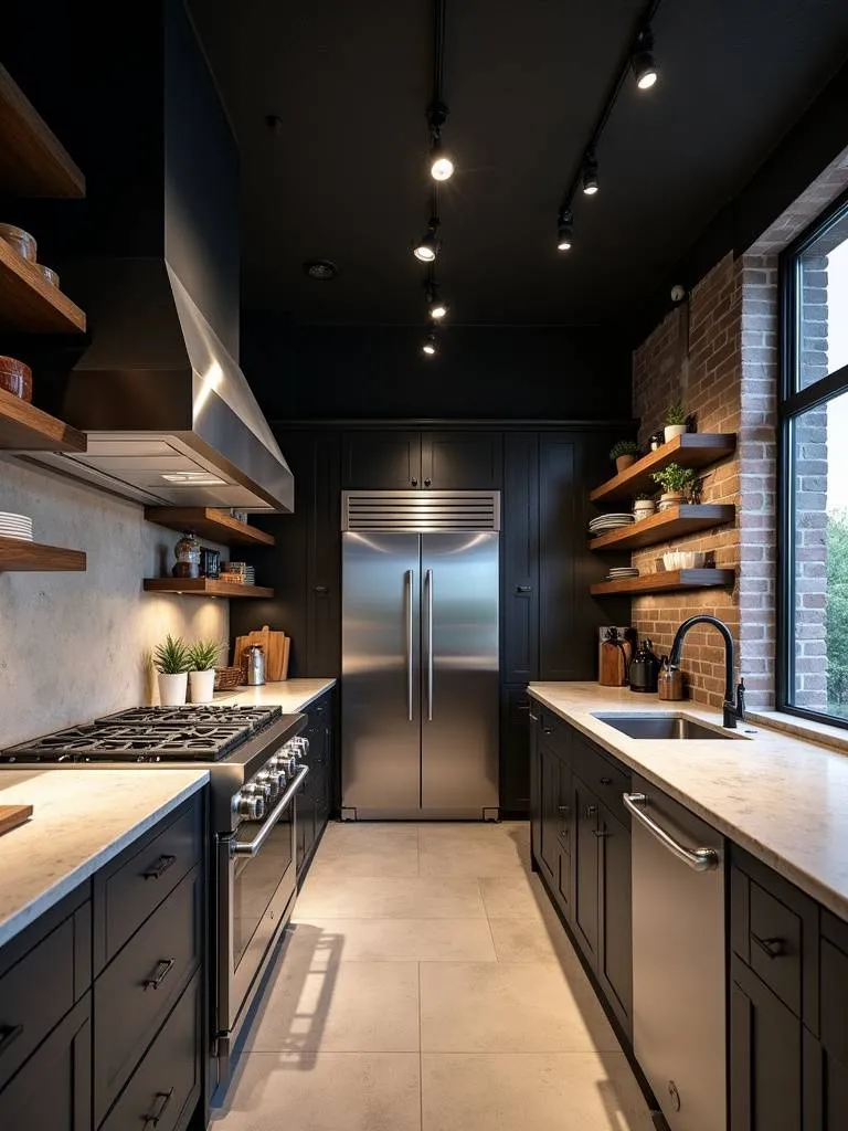 Modern industrial kitchen featuring a track lighting system.