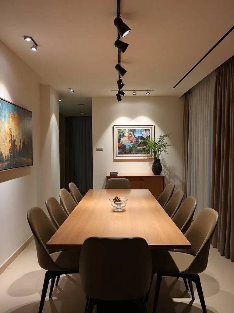 Modern dining room utilizing track lighting for versatile and directional illumination