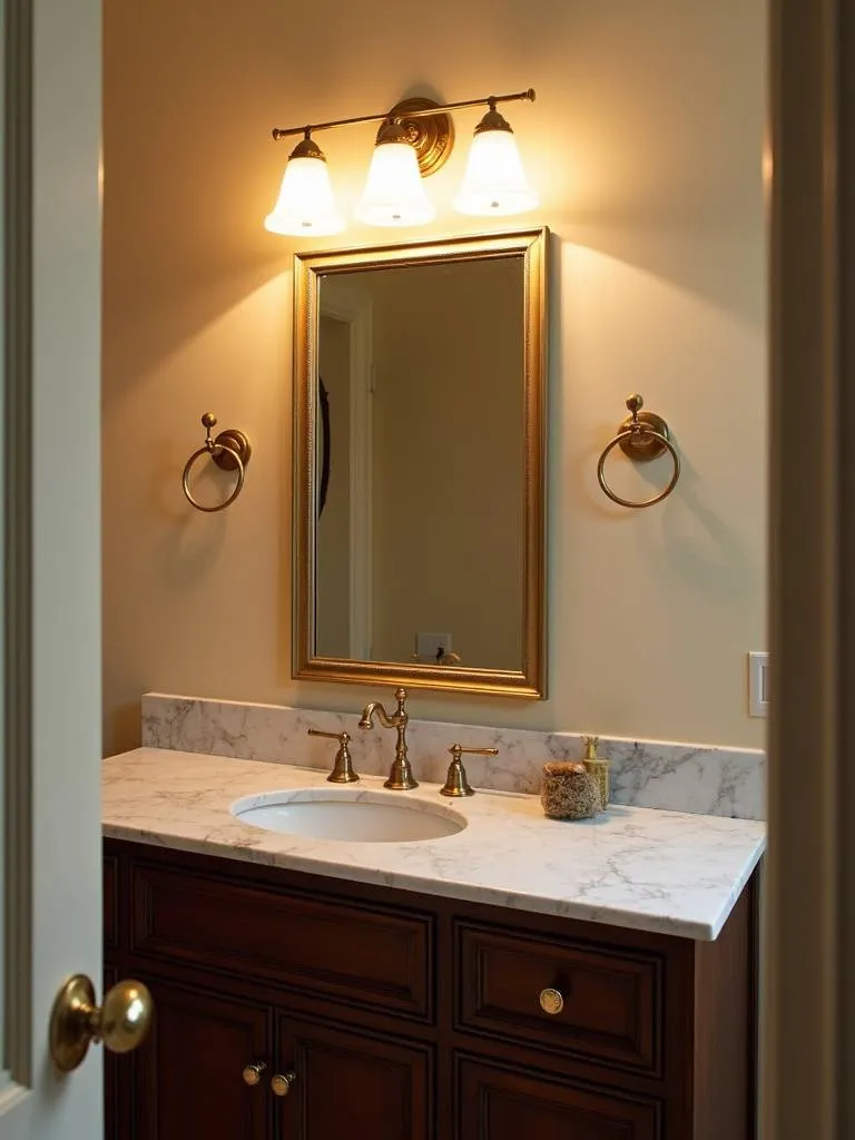 A traditional style bathroom featuring a polished brass vanity light bar with etched glass shades above a dark wood vanity and marble countertop. The lighting is warm and elegant, contributing to the traditional ambiance.