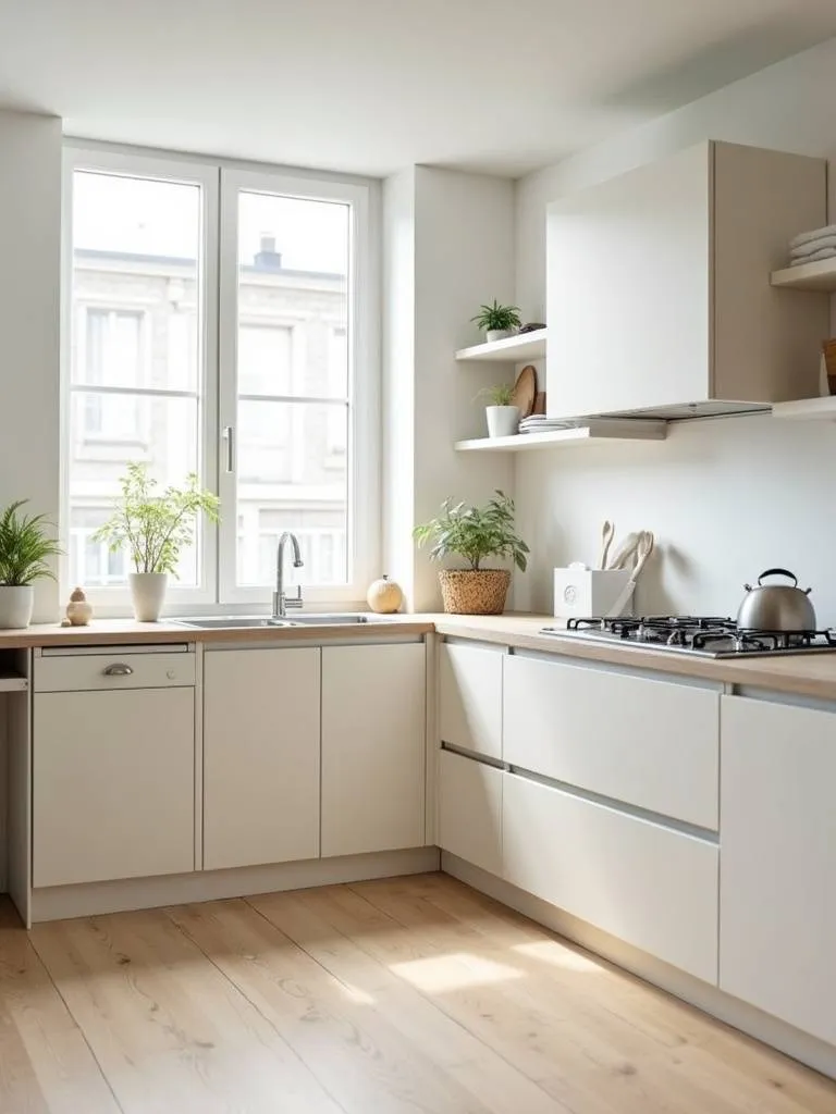 Apartment kitchen cabinets transformed with a fresh coat of light, neutral paint.