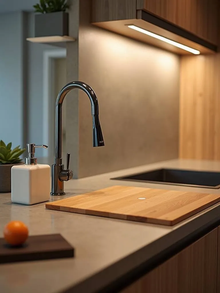 Apartment kitchen sink transformed into a prep station with a cutting board over the sink.