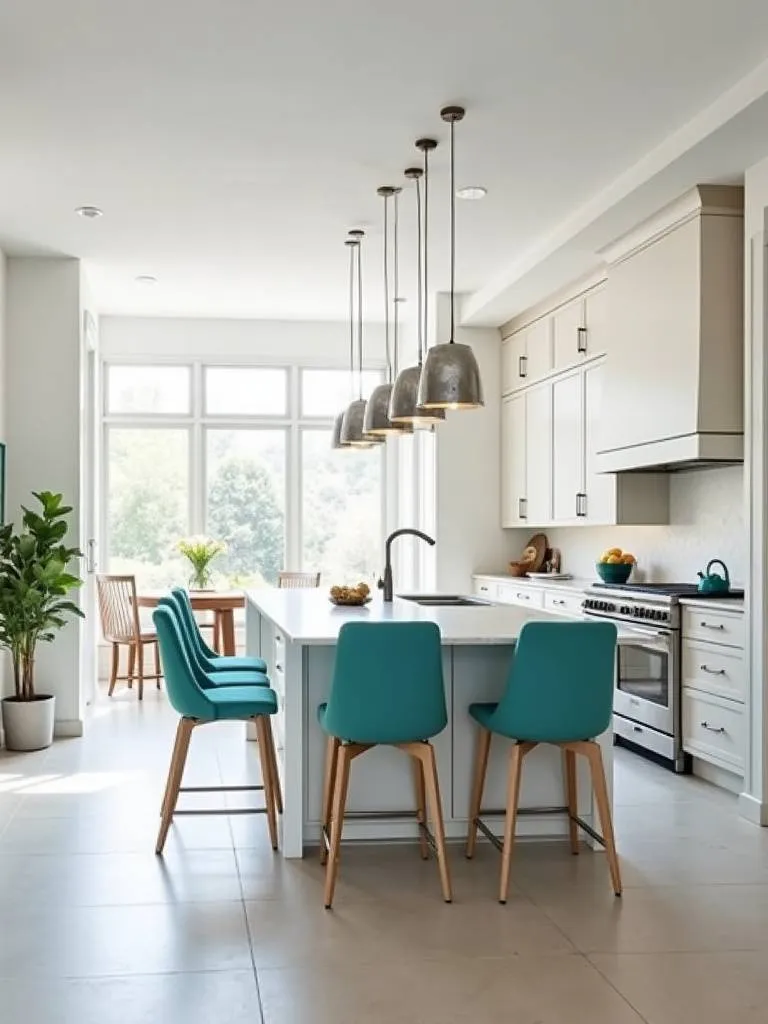 A modern kitchen island with turquoise barstools.