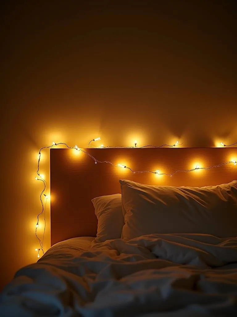A nighttime view of a cozy bedroom with fairy lights softly twinkling across a wooden headboard, casting a warm yellow glow and creating a magical atmosphere
