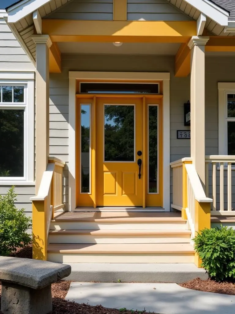 Two-tone painted porch with stone bench