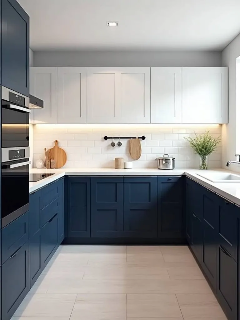 Modern kitchen featuring two-toned cabinetry with dark navy blue lower cabinets and white upper cabinets