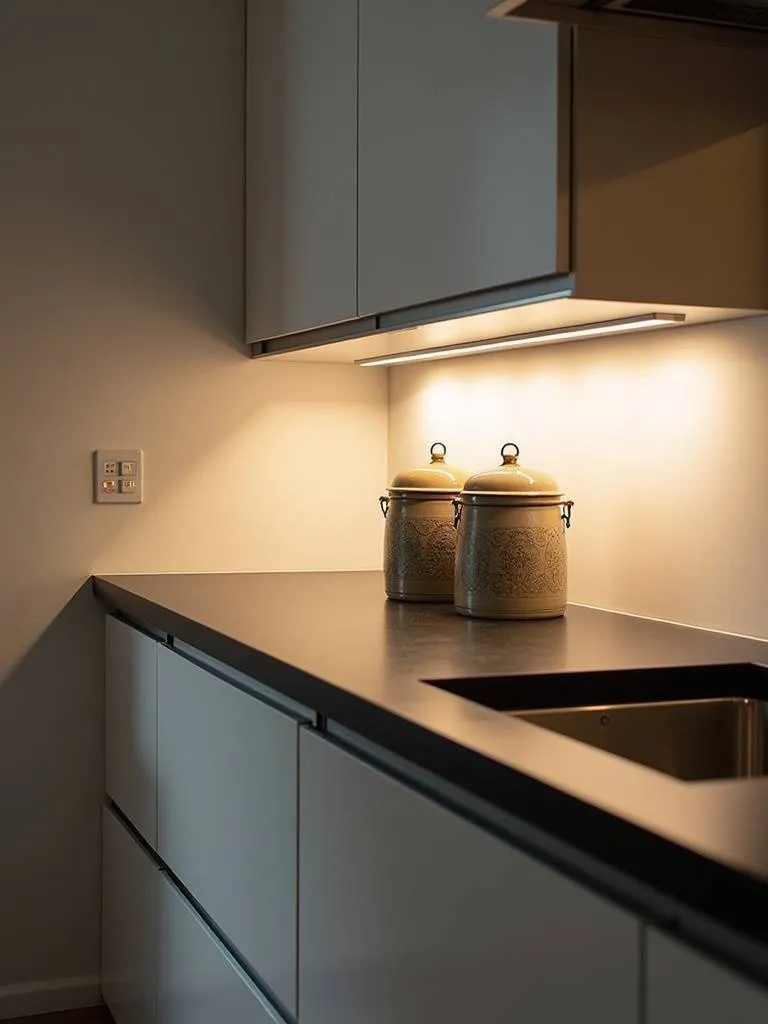 Modern kitchen lit by under-cabinet lighting.