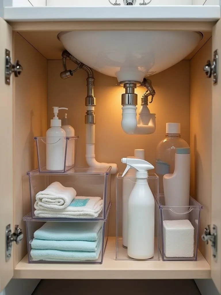 “Organized under-sink cabinet in a small bathroom vanity with clear plastic storage containers.”