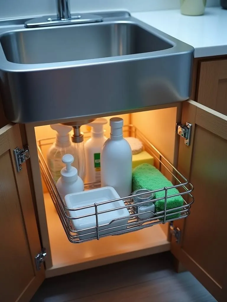 Under-sink pull-out organizer in a kitchen cabinet, neatly storing cleaning supplies.