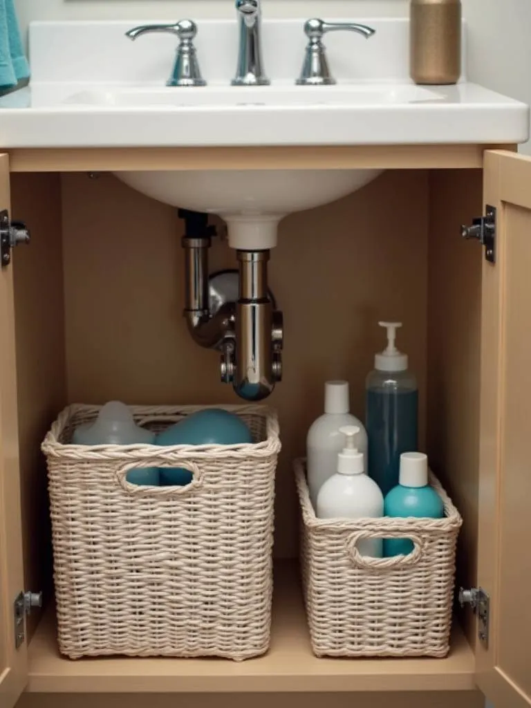 “Organized under-sink storage in a bathroom vanity using baskets and bins to categorize toiletries and supplies.”
