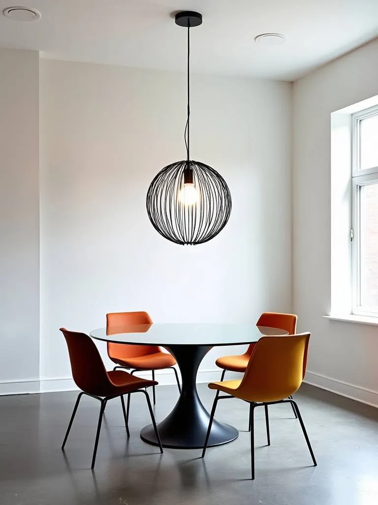 Contemporary dining room featuring a sculptural geometric pendant light above a glass table