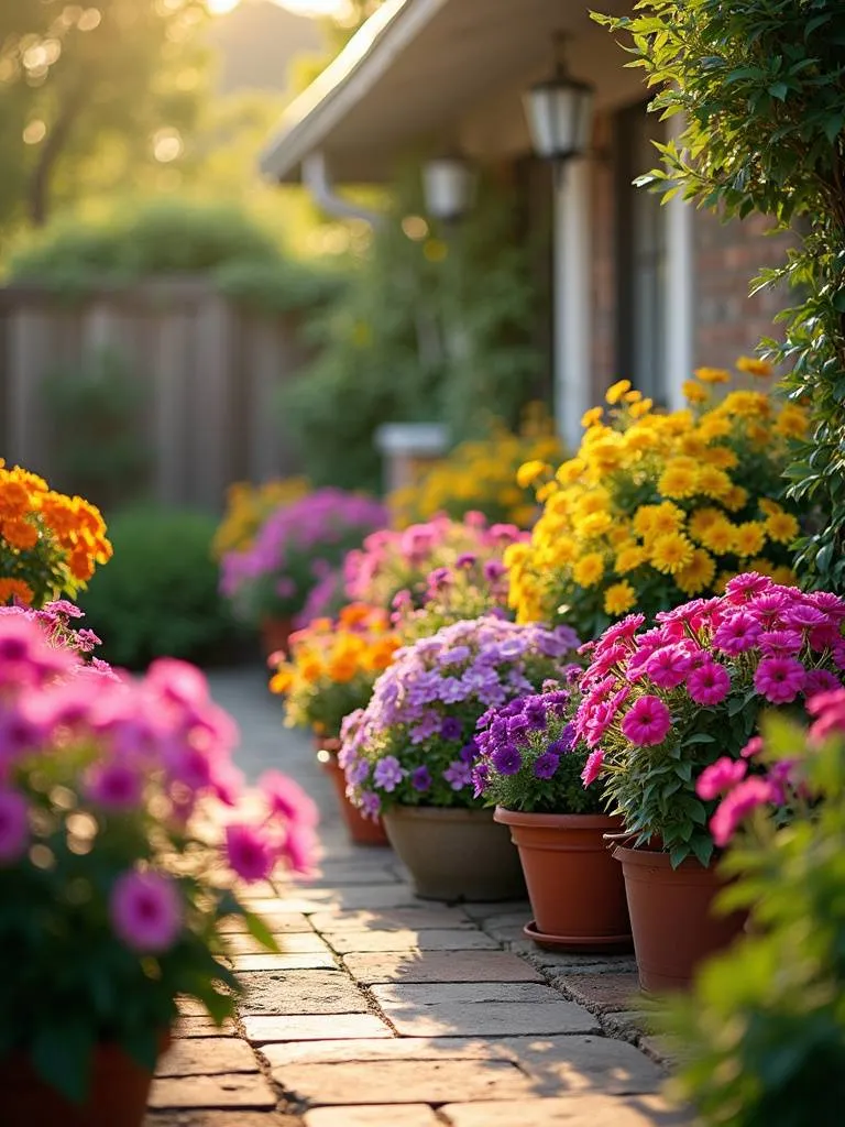Patio garden filled with containers overflowing with brightly colored blooming flowers, creating a vibrant and cheerful outdoor space.