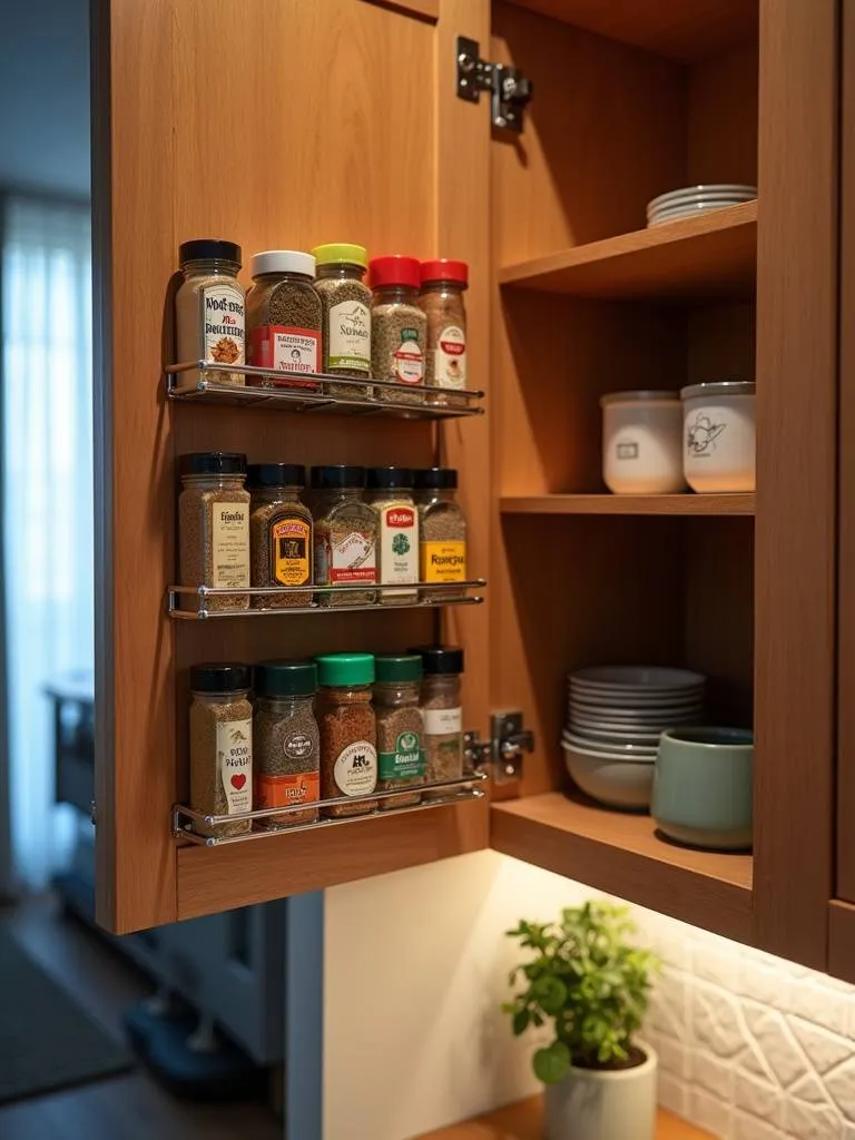 Apartment kitchen cabinet door with a spice rack mounted inside for extra storage.