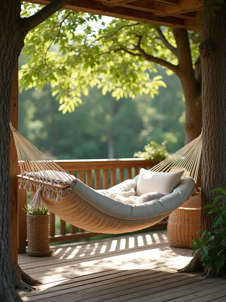 Deck relaxation corner featuring a comfortable hammock with soft cushions and blankets, creating a peaceful and serene atmosphere for unwinding outdoors.