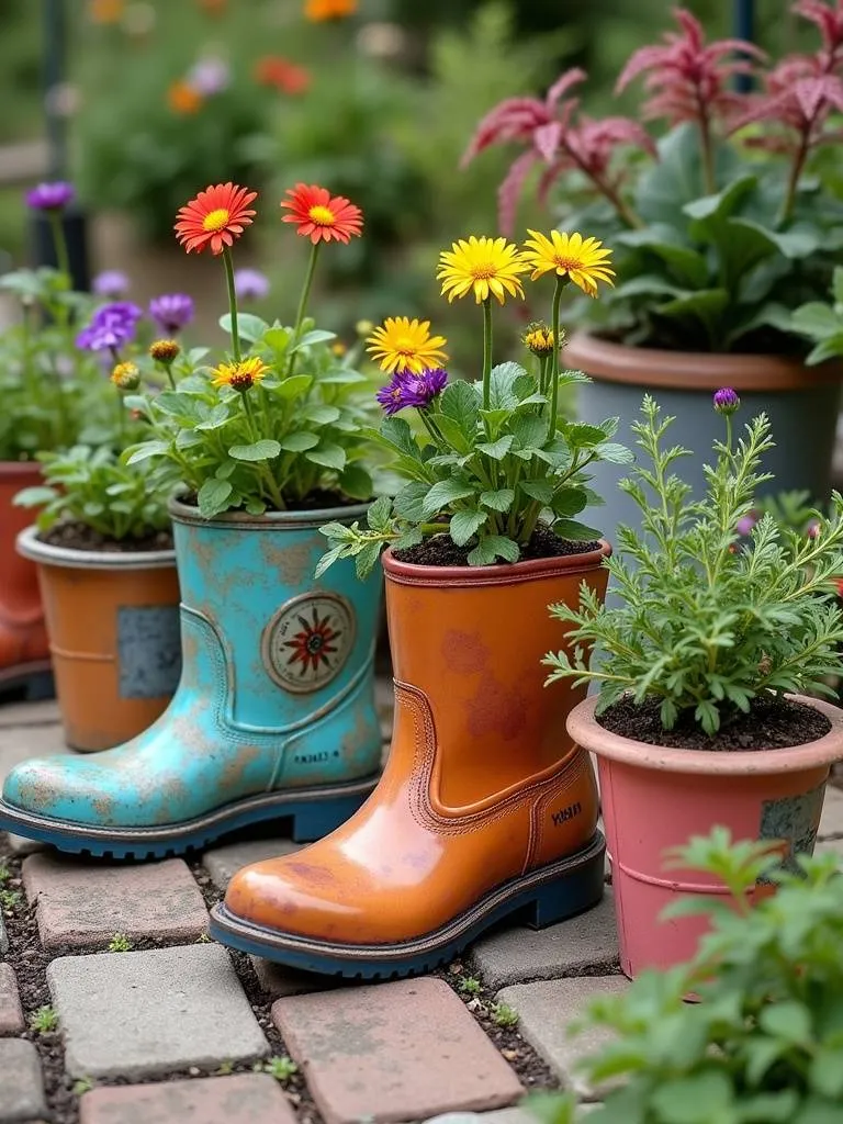 Eclectic patio garden featuring unique planters made from upcycled items like boots, teacups, and tires, adding personality and charm to the outdoor space.