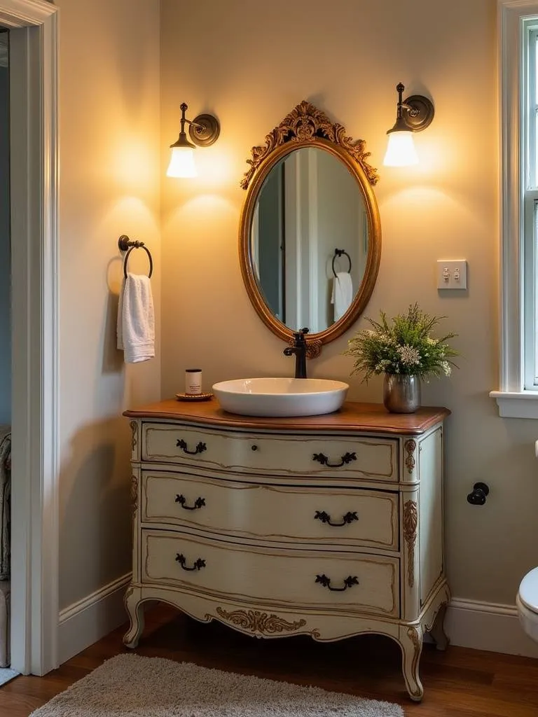 Bathroom with an upcycled vintage dresser used as a unique vanity with a vessel sink