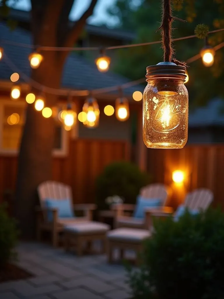 Mason jar lanterns hanging from tree branches illuminating a patio in the evening.