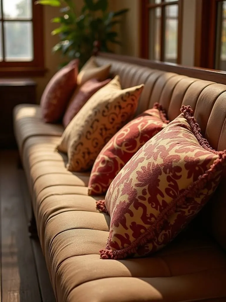 Patterned throw pillows enhance bench seating in a cozy dining area.