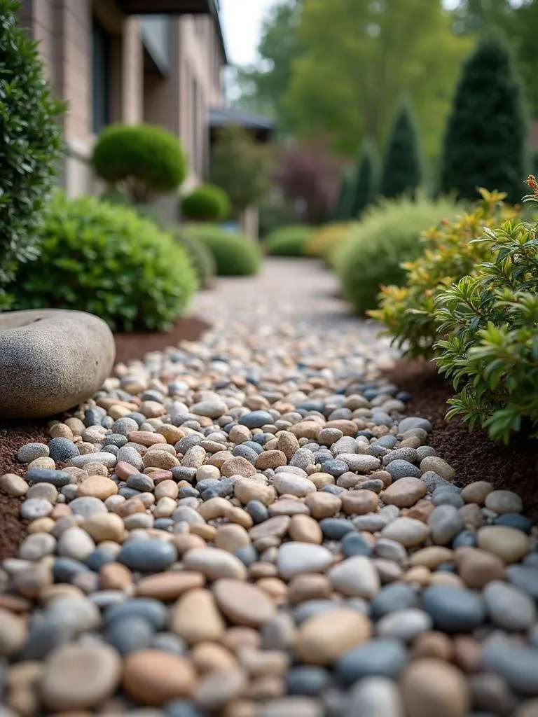 A backyard featuring decorative gravel and stones.