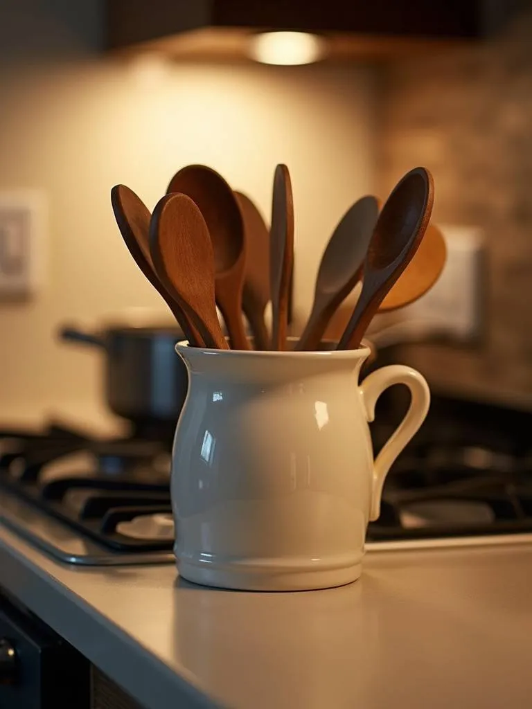 Utensil crock on a kitchen countertop, holding frequently used cooking utensils for easy access.